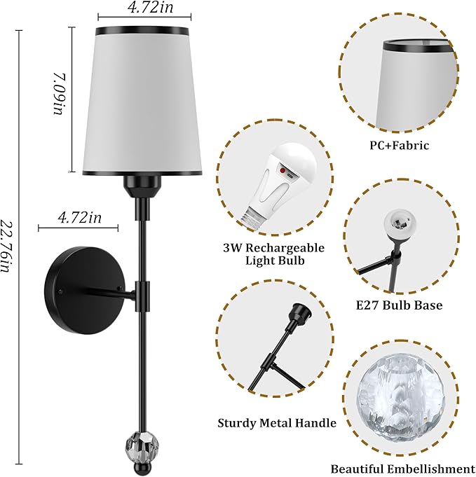 PAIHOME Wall Sconces Set of Two Battery Operated, Rechargeable Wireless Sconces with 5000mAh Dimmable 15 Colors Bulb and Remote, Black Wall Sconce for Bedroom Living Room Bathroom Hallway