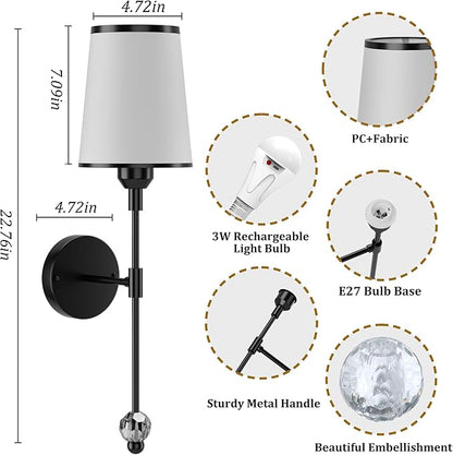 PAIHOME Wall Sconces Set of Two Battery Operated, Rechargeable Wireless Sconces with 5000mAh Dimmable 15 Colors Bulb and Remote, Black Wall Sconce for Bedroom Living Room Bathroom Hallway