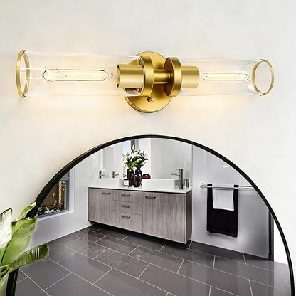 Gold Wall Sconces, Bathroom Sconces Vanity Light Fixtures with Clear Glass, Set of 2, Brushed Gold Sconces Wall Decor, for Living Room/Bathroom Corridor Mirror/Bedroom Hallway Stairwell