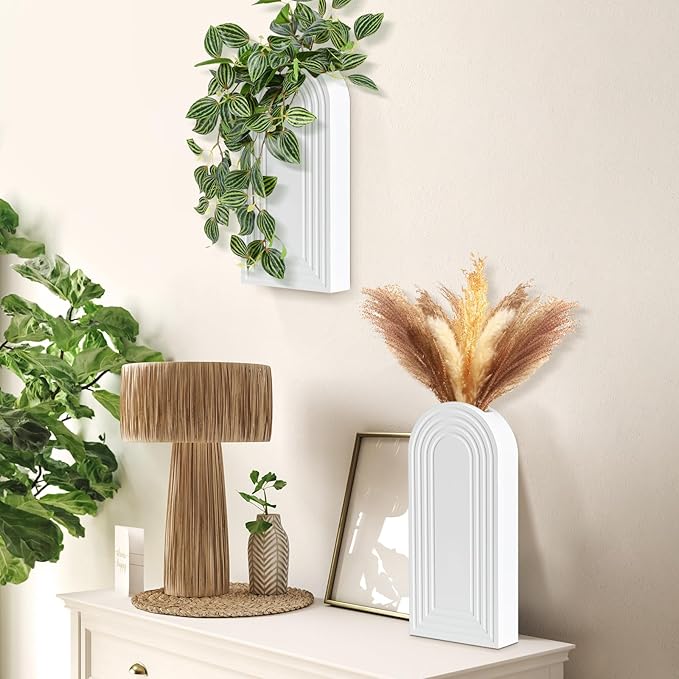 Wall Planter for Indoor Plants, Wood Wall Decor Hanging Planter, Wall Vases for Decor Dried Flowers and Faux Greenery, Set of 2 Farmhouse Wall Decor for Living Room, Bedroom, White