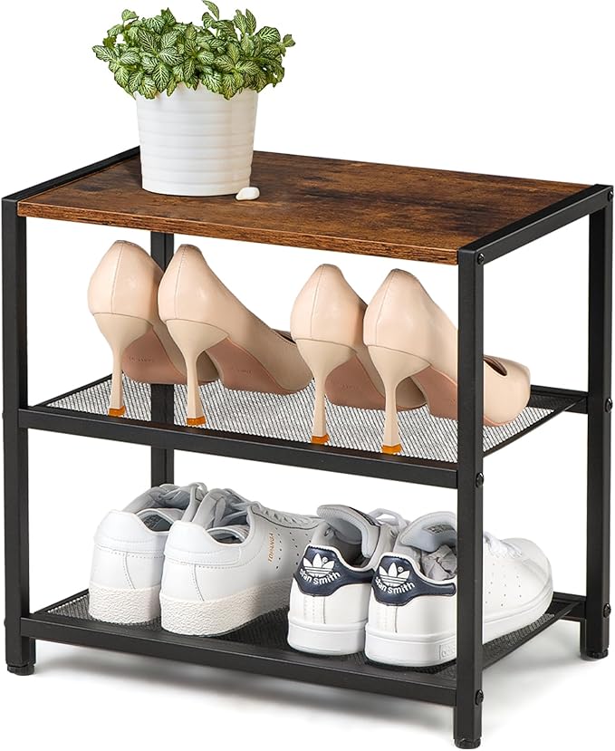 3-Tier Wooden Shoe Rack with Metal Mesh Shelves - for Entryway, Closet, Hallway & Bedroom Holds 6 Pairs, Ideal for Storage or Display