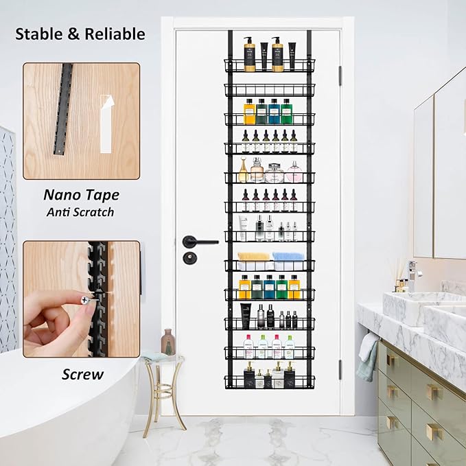 Churboro Over the Door Pantry Organizer Rack with 12 Adjustable Baskets, 12 Tiers Dual-use Spice Rack- Hanging or Wall Mount Spice Rack, Pantry Door Organizer, Black