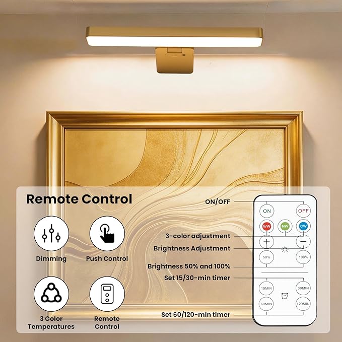 Battery Operated Picture Lights for Wall, Gold Wireless Art Light for Paintings, Rechargeable Display Light for Picture with Remote, 3 Color Poster Lights for Portraits Frame Wall Decor (2 Pack)