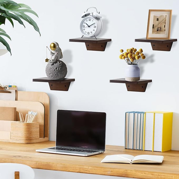 PHOENANCEE Small Floating Shelves,Speaker Shelf,Trapezoid Wall Shelf for Table Lamp Plants Display,Decorative Wood Ledges Chic for Living Room,Bedroom,Kitchen,Office,Pine,8x6 Inch,4 Pack(Walnut)