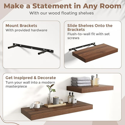 24 Inch Floating Shelves for Wall Set of 2, 12"D Wood Grain Bathroom Shelves with Invisible Brackets, Easy Install Engineered Wood Storage Shelves for Kitchen, Living Room, Bedroom, Walnut Finish