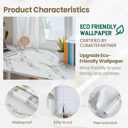practicalWs Glossy Marble Wallpaper Peel and Stick White/Gold Granite Contact Paper Removable Wall Paper for Kitchen Countertop Cabinet Furniture 17.7" x 196.8"