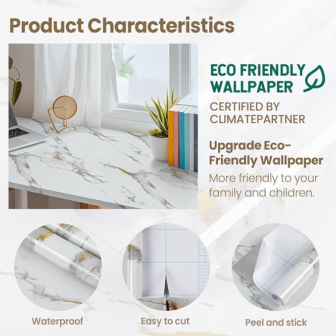 practicalWs Glossy Marble Wallpaper Peel and Stick White/Gold Granite Contact Paper Removable Wall Paper for Kitchen Countertop Cabinet Furniture 17.7