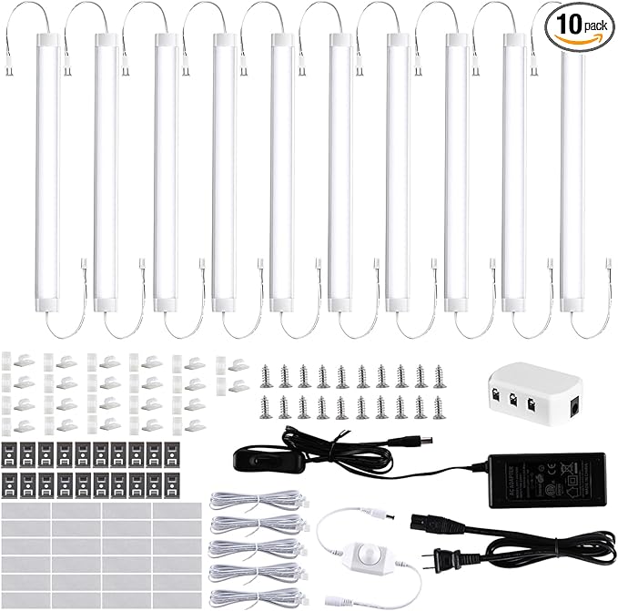 LABOREDUCER LED Under Cabinet Lighting with Plug in 10 Pack,11inch Dimmable LED Under Cabinet Lights with Rotary Dimmer Switch, Cold White Linkable Under Counter Lights for Kitchen (Cold White)