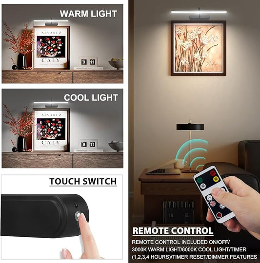Picture Light,3AA Battery Wall Lights,Wireless Art Lights for Paintings,Remote Control Accent Light with Timer and Dimmable for Frame,Portrait,Mirror-Black