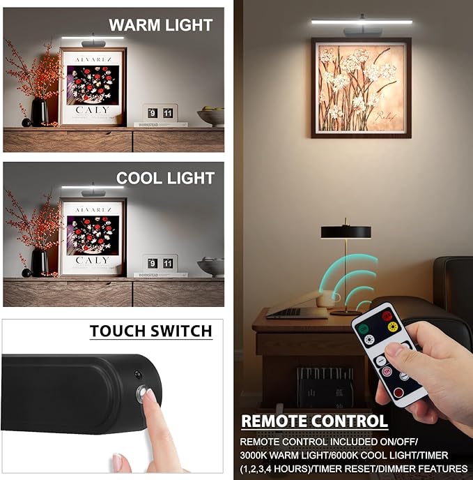 Picture Light,3AA Battery Wall Lights,Wireless Art Lights for Paintings,Remote Control Accent Light with Timer and Dimmable for Frame,Portrait,Mirror-Black