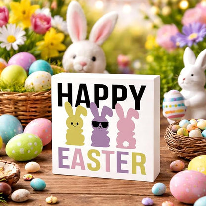 Easter Decorations for Home Happy Easter Bunny Wooden Box Sign, Funny Spring Desk Table Decor, Rustic Farmhouse Shelf Plaque, Easter Porch Party Decorations for Office Entryway Holiday Decor