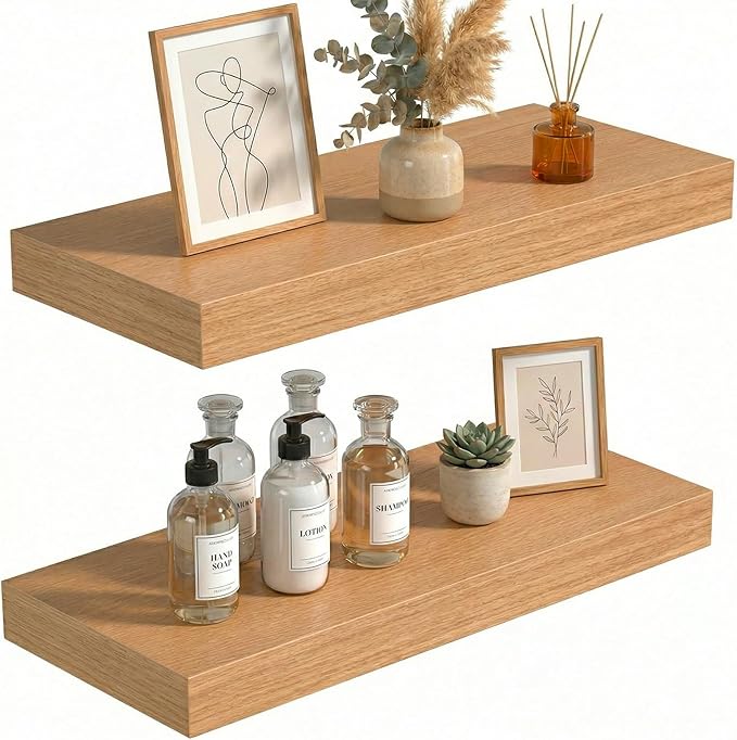 INHABIT UNION 24in Floating Shelves for Wall, Wall Mounted Shelves for Decor Storage Set of 2, Floating Shelf for Bedroom, Bathroom, Living Room and Kitchen（Beech）