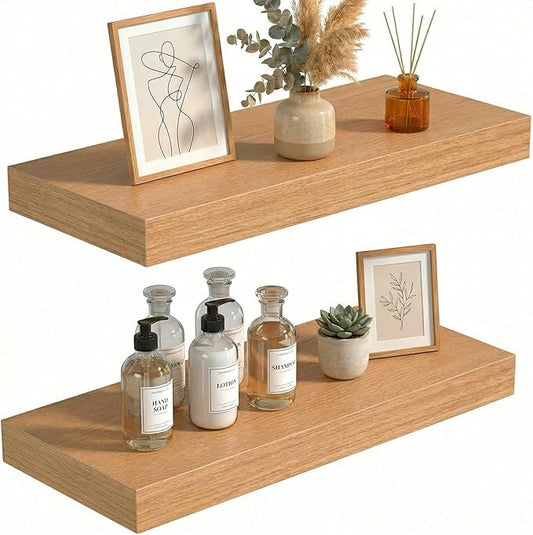 INHABIT UNION 24in Floating Shelves for Wall, Wall Mounted Shelves for Decor Storage Set of 2, Floating Shelf for Bedroom, Bathroom, Living Room and Kitchen（Beech）