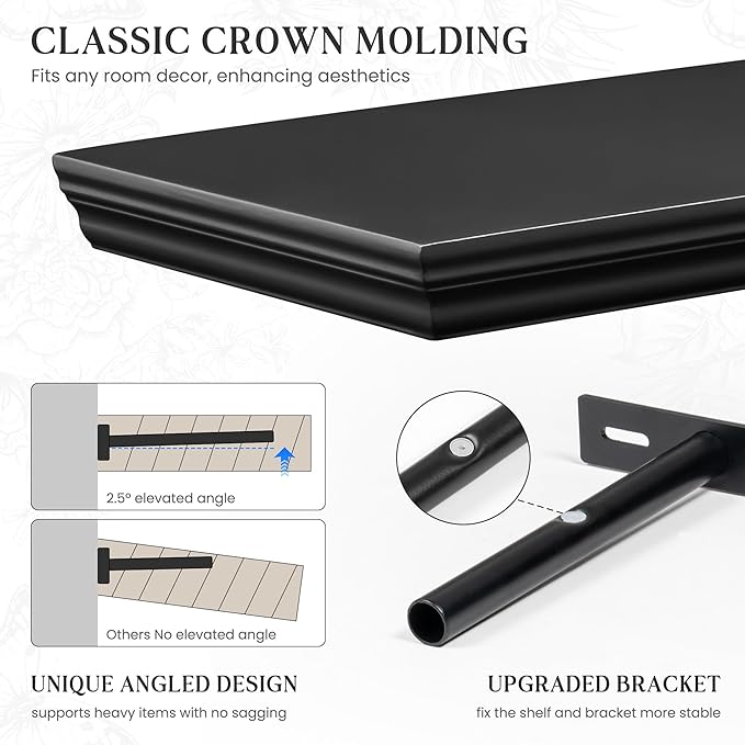 Fun Memories Floating Shelves 40 Inch Long, 9.3 Inch Deep Classic Crown Molding Floating Shelves for Wall, Rustic Wooden Shelves for Wall Decor Bathroom, Kitchen, Office, (Black, 1Pack)