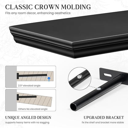 Fun Memories Floating Shelves 40 Inch Long, 9.3 Inch Deep Classic Crown Molding Floating Shelves for Wall, Rustic Wooden Shelves for Wall Decor Bathroom, Kitchen, Office, (Black, 1Pack)