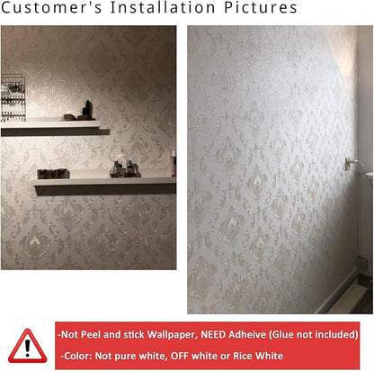 Cream White Damask Decorative Textured Floral Wallpaper Non-Woven Wall Paper Home Decoration,20.8 in X 393.00 in [ Not Peel and Stick ]