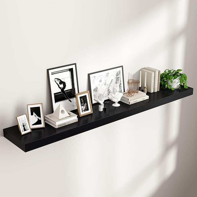 Floating Shelves for Wall 72"W x 11.6"D x 2"H, Long Engineered Wood Wall Shelves with Invisible Brackets for Living Room Bedroom Bathroom Office Kitchen Decor and Storage, Black Finish, Set of 1
