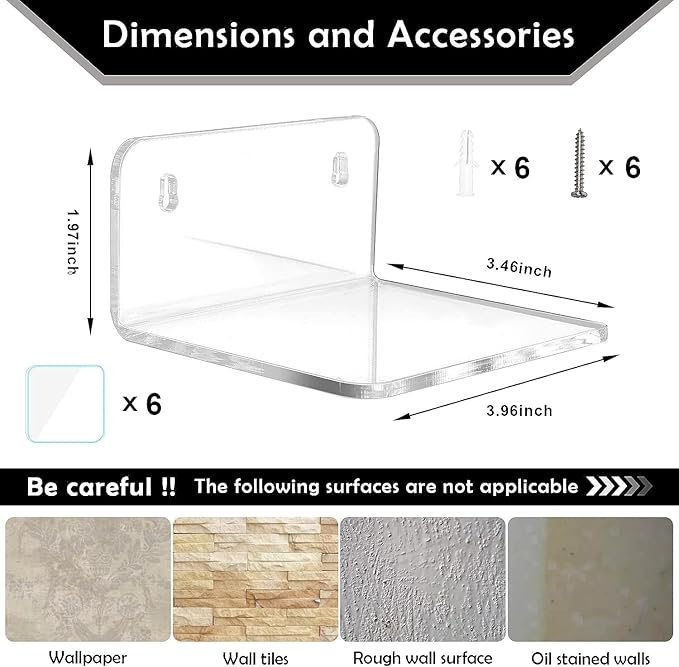 Acrylic Small Shelf,Mini Floating Wall Shelf,Wall Mounted Storage Shelf,for Pop Figures,Plant,Picture Photo Modern Wall for Office Bedroom Living Room,Clear (3 Pack)