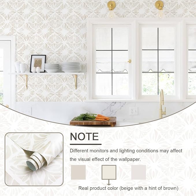 Boho Wallpaper Neutral Peel and Stick Wallpaper 393"x17.3" Geometric Wall Paper Beige and White Contact Paper Textured Removable Vinyl Waterproof for Bedroom Farmhouse Kitchen Bathroom