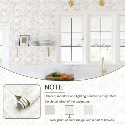 Boho Wallpaper Neutral Peel and Stick Wallpaper 393"x17.3" Geometric Wall Paper Beige and White Contact Paper Textured Removable Vinyl Waterproof for Bedroom Farmhouse Kitchen Bathroom