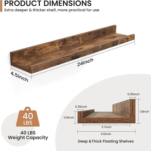 Fun Memories Picture Ledge Shelves Set of 2, 24 Inch Rustic Wall Mounted Floating Shelves with Lip for Home Storage and Décor in Bathroom, Kitchen, Nursery, Bedroom, Living Room, Brown