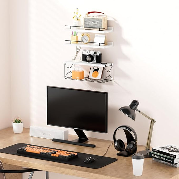 Floating Shelves for Wall, Floating Shelf for Wall Décor Set of 3, Bathroom Floating Shelves with Metal Toilet Paper Holder for Bathroom, Bedroom, Living Room, Kitchen, Office (White)