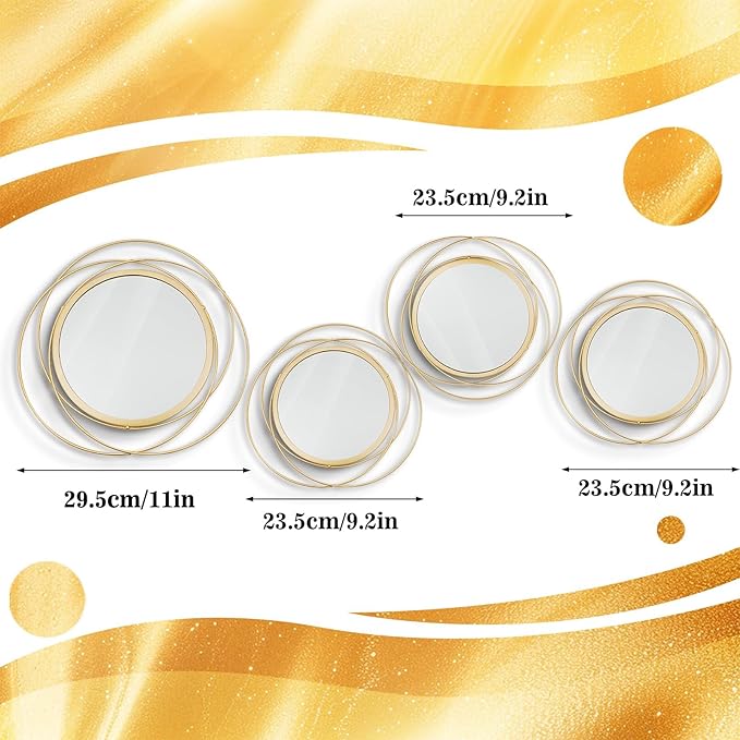 Cityelf 4 Set Mixed Size Gold Circle Mirrors Wall Decor Iron Frame Wall Art Round Mirror Home Decor Hanging for Living Room/Bedroom/Bathroom/Entryway