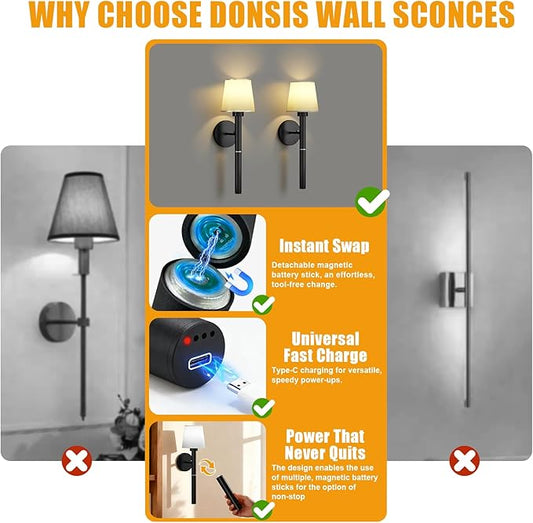 Rechargeable Wall Sconce Set of 2, Black Battery Operated Wall Sconce with Magnetic Rechargeable 5200mAh Battery Stick Dimmable and Remote, 3 Colors Wireless Lighting for Bedroom Hallway