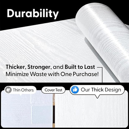 White Wood Grain Contact Paper, 17.3" x 118" Peel and Stick Wallpaper, Self-Adhesive Thick Textured Vinyl Wrap for Kitchen Cabinets, Countertop, Furniture, Waterproof DIY Decor