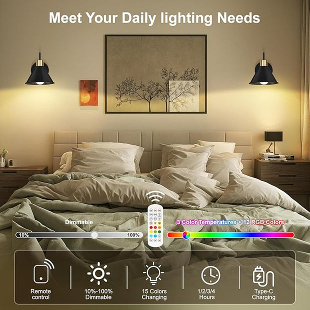 Frideko Rechargeable Battery Operated Wall Sconces Set of Two with Remote, RGB 15 Colors Dimmable Black Wall Light, Indoor Battery Powered Wireless Sconce with Timer for Living Room Bedroom