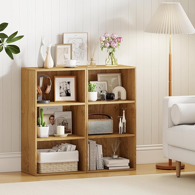 Giantex 3 Shelf Bookcase, Modern Bookshelf Cube Storage Organizer, Open Storage Cabinet Multi-Functional Home Office Bedroom Furniture Display Bookcases, Natural
