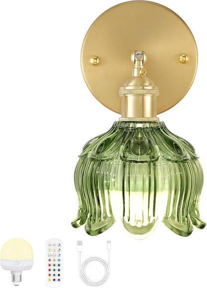 Vintage Battery Wall Sconce with Flower lampshade,Rechargeable Battery Powered Wall Lights,Wall lamp with 15 Colors for Bedroom Living Room Home Decor (Flower Green, 1 Light Battery Operated)