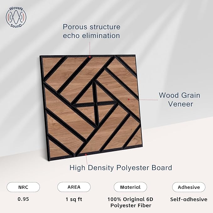 WoveN SounD Artisan Acoustic Wall Panels, 16 Pack 12x12 Inch, Wood Veneer Carved Sound Proof Wall Decor, Self-Adhesive for Home, Studio, Office & Focus Zones, Grid Weave, Teak