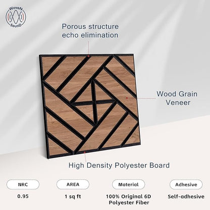 WoveN SounD Artisan Acoustic Wall Panels, 16 Pack 12x12 Inch, Wood Veneer Carved Sound Proof Wall Decor, Self-Adhesive for Home, Studio, Office & Focus Zones, Grid Weave, Teak