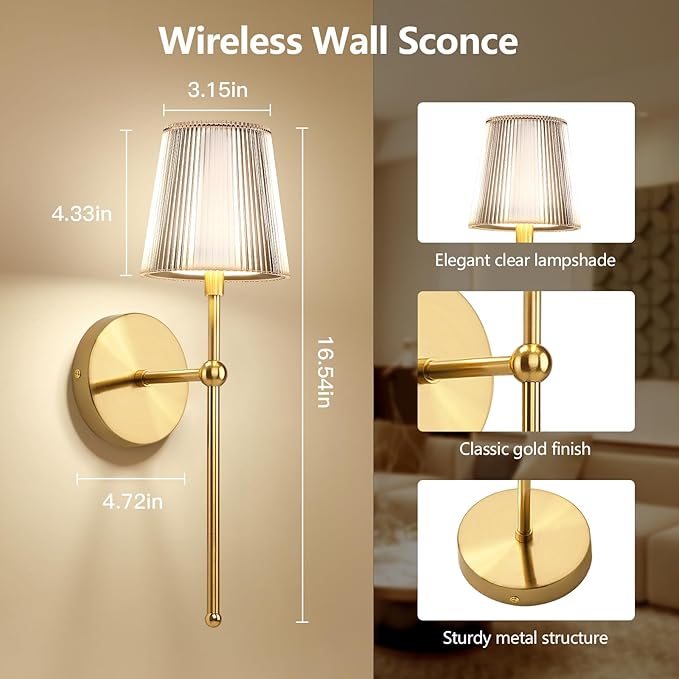 Kimjo Battery Operated Wall Sconce Set of 2, 5200mAh Rechargeable Wireless Wall Sconces Lights with Dimmable Timer Remote, Cordless Gold Wall Light for Bedroom Living Room Hallway Decor