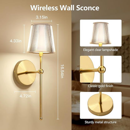 Kimjo Battery Operated Wall Sconce Set of 2, 5200mAh Rechargeable Wireless Wall Sconces Lights with Dimmable Timer Remote, Cordless Gold Wall Light for Bedroom Living Room Hallway Decor