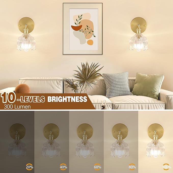 Vintage Battery Wall Sconce with Flower lampshade,Rechargeable Battery Powered Wall Lights,Wall lamp with 15 Colors for Bedroom Living Room Home Decor (Flower Clear, 2 Light Battery Operated)