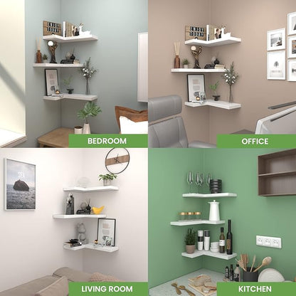 NATURE'S SOURCE Corner Floating Shelves with Invisible Brackets, Corner Shelves Wall Mounted Set of 3, Bedroom Bathroom Kitchen Living Room Office- Modern Style 16.6" x 6" (White)