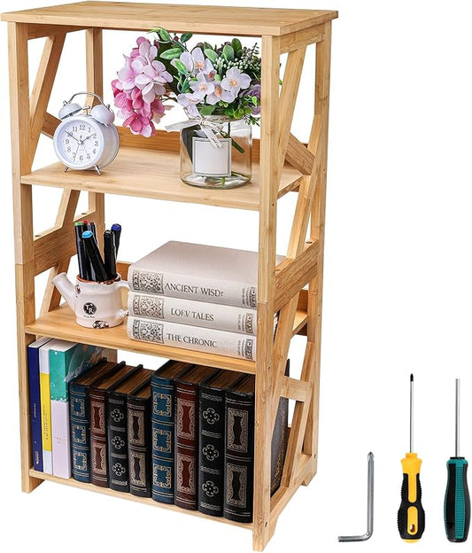 Hedume Bookcase, 3-Tier Open Shelf Bookcase, Small Bamboo Bookshelf, Bamboo Natural Shelving, Book Organizer Storage Open Shelf Rack, Display Shelves for Bedroom, Living Room, Office, Bathroom