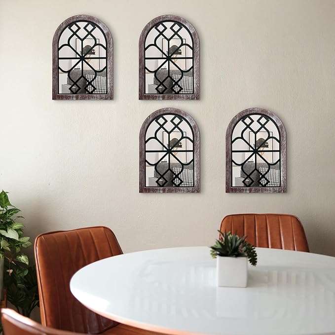 ZEXUIRU Set of 4 Arched Window Wall Mirror Rustic Farmhouse Accent Mirror Wood Framed Entry Wall Decoration for Living Room Bathroom Bedroom Kitchen
