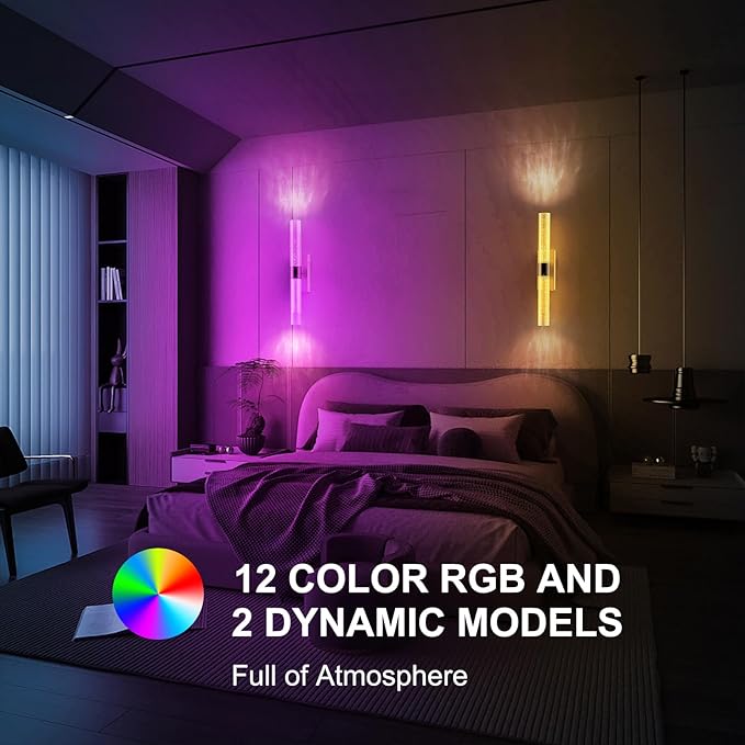 Crystal Battery Operated Wall Sconce, Black Rechargeable Wireless Wall Light Fixtures with Remote Control, 3CCT and 12 RGB Dimmable Wall Sconces Lamp for Bedroom Living Room Hallway
