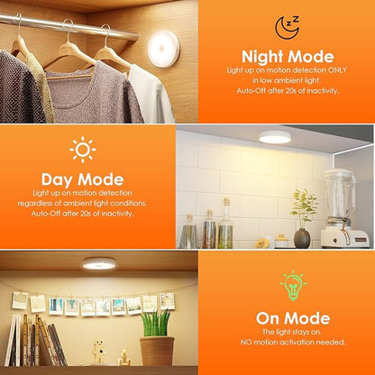 Motion Sensor Puck Light with Remote, Wireless Dimmable Under Cabinet Lighting, Rechargeable Magnetic Closet Night Light, 4-Pack, Warm White