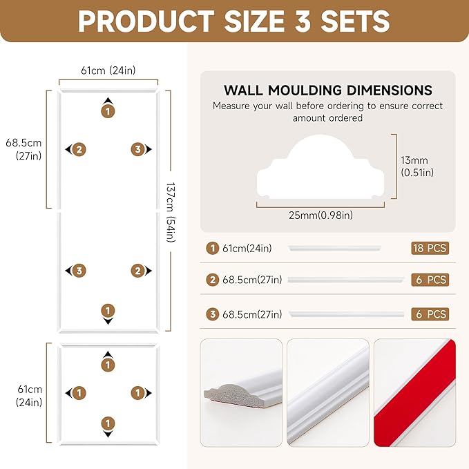 Peel and Stick Wall Molding Kit, INMOZATA 3 Sets 3D Pre-Cut Accent Molding Trim Wainscoting Panels for Interior Wall Decor Living Room Bedroom Entryway (54" x 24")