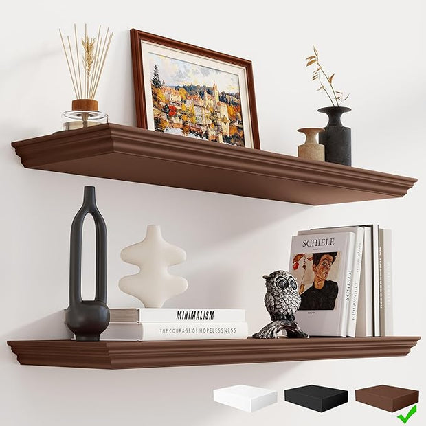 Fun Memories Floating Shelves 32 Inch Long, 9.3 Inch Deep Classic Crown Molding Floating Shelves for Wall, Rustic Wooden Shelves for Wall Decor Bathroom, Kitchen, Office, (Walnut, 2Pack)