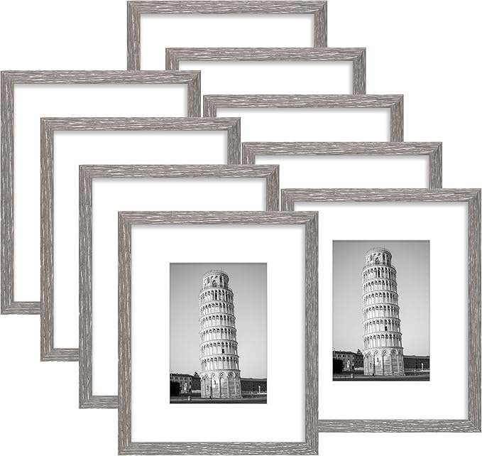 Wiscet 8x10 Picture Frame Set of 9, Display Pictures 5x7 with Mat or 8 x 10 Without Mat, Photo Frame for Wall Mounting or Tabletop, Grey
