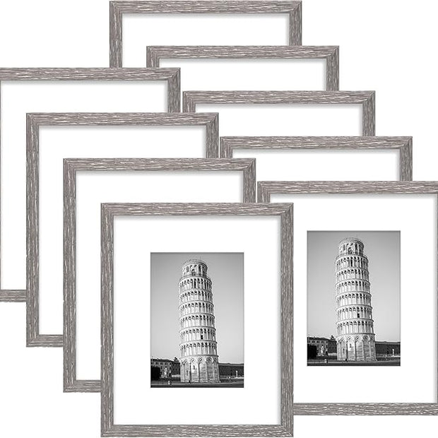 Wiscet 8x10 Picture Frame Set of 9, Display Pictures 5x7 with Mat or 8 x 10 Without Mat, Photo Frame for Wall Mounting or Tabletop, Grey