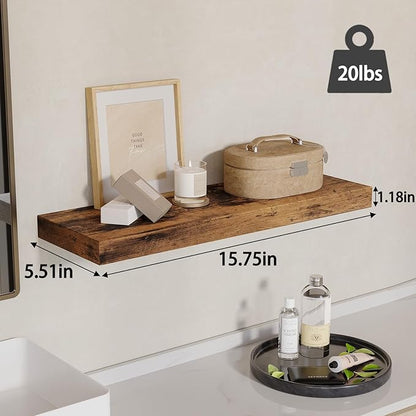 Fixwal 15.8in Wall Shelves, Rustic Wood Finish Floating Shelves Set of 4, Shelves for Wall Decor, with Invisible Brackets for Bathroom, Living Room,Bedroom and Kitchen(Rustic Brown) | Wall Shelves, for Bathroom, Living Room, Bedroom, Kitchen