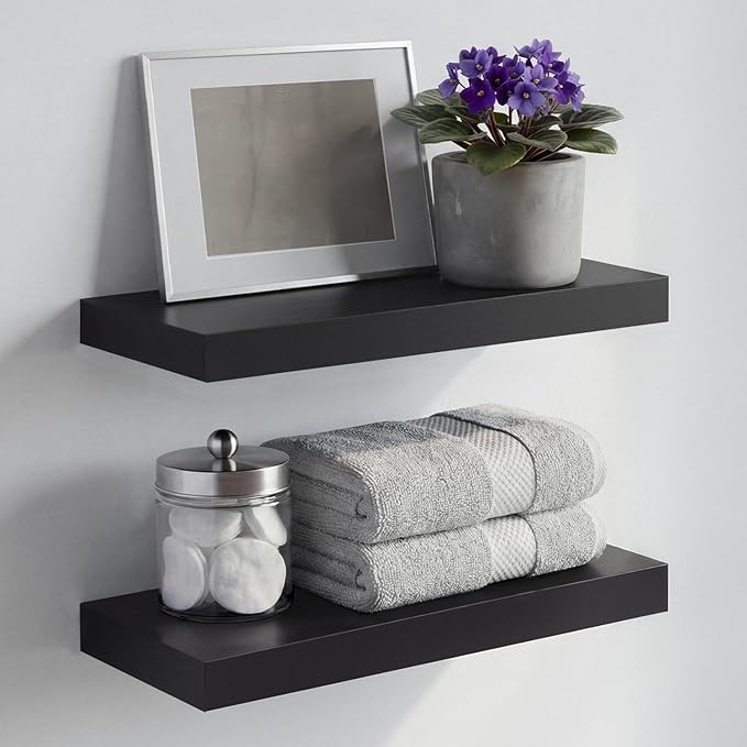 Homeforia 16 inch Black Floating Shelves, High End Solid Real Wood 16inch Bathroom Floating Shelves for Wall Mounted, 16in Wooden Small Floating Shelf, Heavy Duty Bracket, 16 X 6.5 X 1.75 in, Set of 2