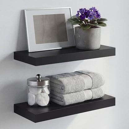 Homeforia 16 inch Black Floating Shelves, High End Solid Real Wood 16inch Bathroom Floating Shelves for Wall Mounted, 16in Wooden Small Floating Shelf, Heavy Duty Bracket, 16 X 6.5 X 1.75 in, Set of 2