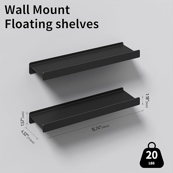 Small Shelves for Wall, Metal Floating Shelves Wall Mounted with Lip for Storage No Wobble, Heavy Duty Wall Shelves for Bathroom/Kitchen/Bedroom/Small Spaces, Black 16 inch 2 Pack